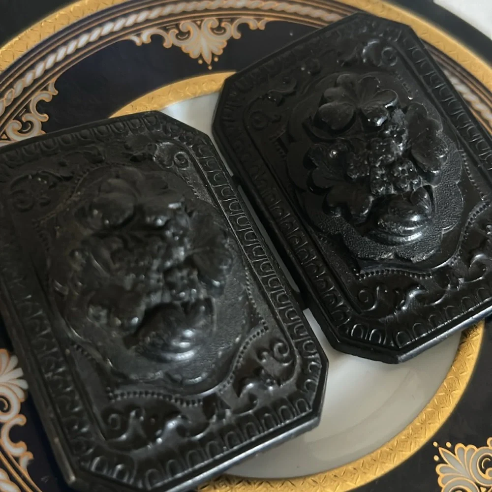 Antique Gutta Percha Black Victorian Flowers Belt Buckle